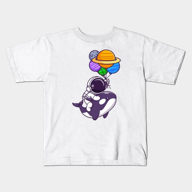 Cute Astronaut And Whale Floating With Planet Balloon In  Space Cartoon Kids T-Shirt by Catalyst Labs